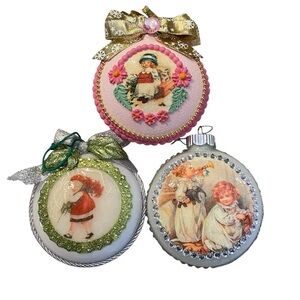 E.Barnes Painted Glass Circle Ornament Bundle Lot Kitschy Vintage Picture